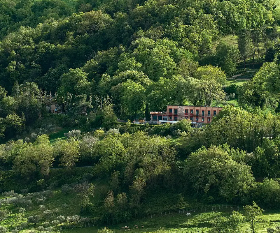 vista del polo medico delle terme santa lucia tolentino immerso nel bosco